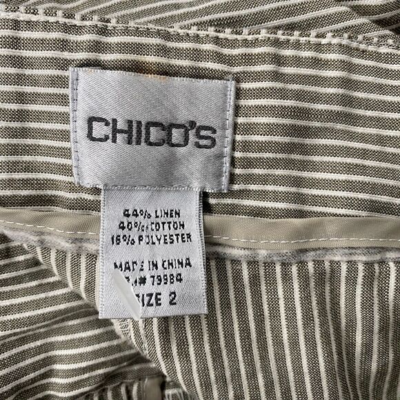 Chicos Pants Womens L Green Striped Linen Blend High Rise Straight Casual Resort - Picture 6 of 9